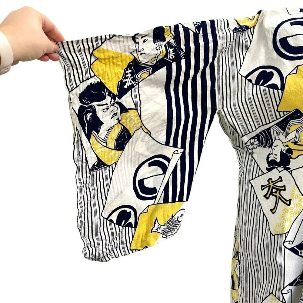 100% Linen Japanese Kimono Traditional Folk Unique Blue Yellow One Size